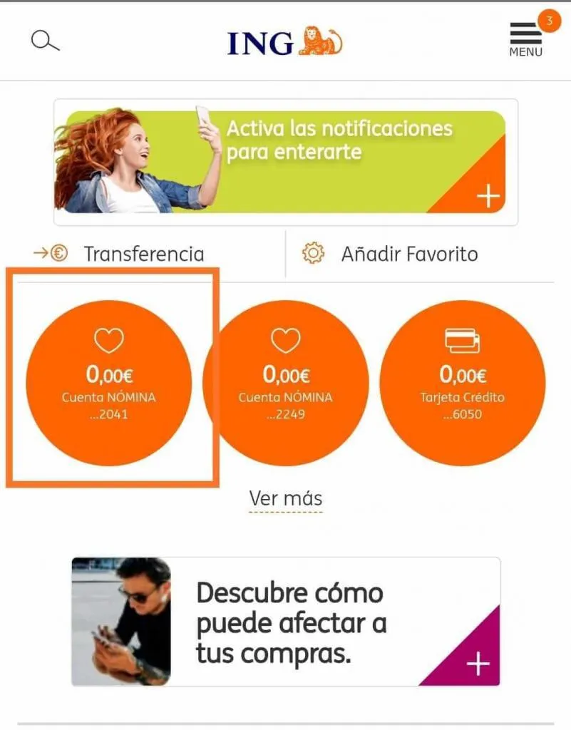 seleccionar cuenta para bizum de ing