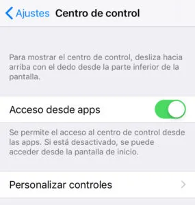 Opción “Personalizar controles” del menú de la opción “Centro de control”.