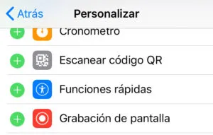 Opción “Grabación de pantalla” junto con el icono del símbolo “+” del menú de “Personalizar controles”.