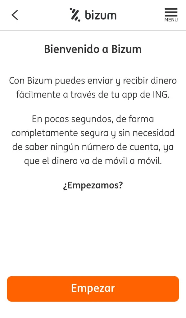 Ventana de bienvenida de Bizum con el botón “Empezar”.