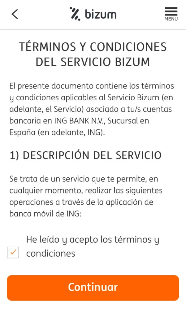 Ventana con la casilla que debes marcar para confirmar que has leído los términos y condiciones de Bizum, y el botón “Continuar”.
