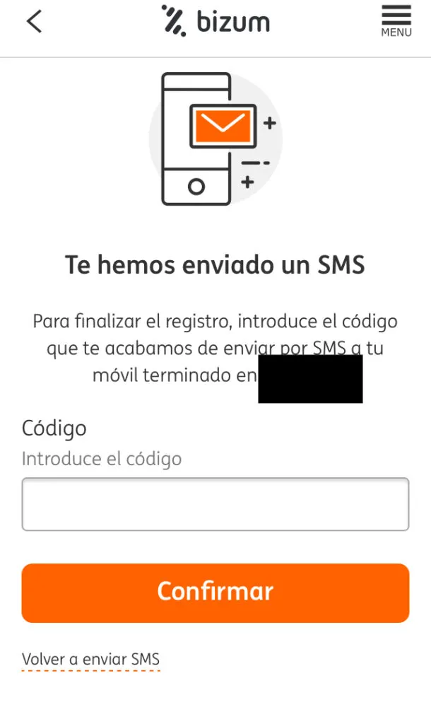 Casilla en donde debes insertar el código que Bizum te enviará por SMS a tu móvil.