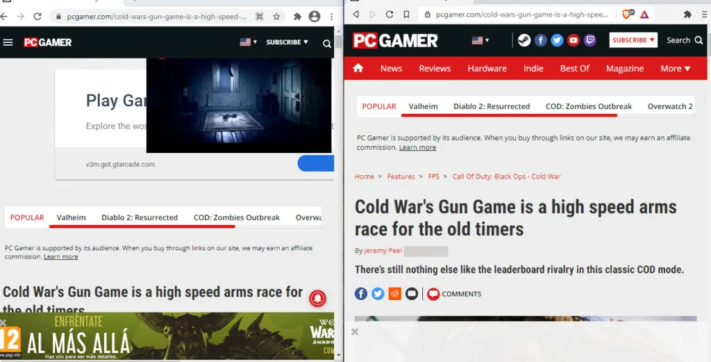 Un artículo del sitio web PC Gamer abierto tanto en Chrome como en Brave. Como se observa, la página no carga anuncios en Brave, pero sí carga anuncios en Chrome. Aparecen tres anuncios grandes en Chrome.