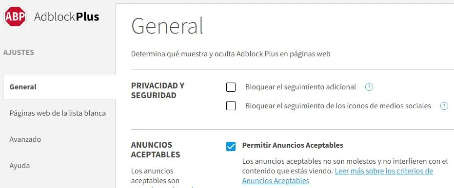 Menú de configuración del AdBlock Plus, en donde se puede observar que la casilla “Permitir Anuncios Aceptables” está marcada y activada por defecto.