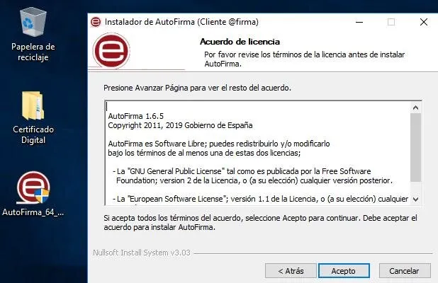 Botón “Acepto” de la ventana de los términos y condiciones del instalador de Autofirma.
