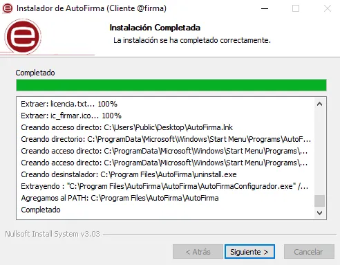 Ventana del instalador de Autofirma, en donde se muestra que la instalación se ha terminado.