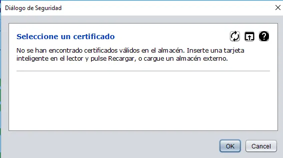 Ventana con el título “Seleccione un certificado” de Autofirma, en donde se muestra el icono con la flecha apuntando hacia arriba.