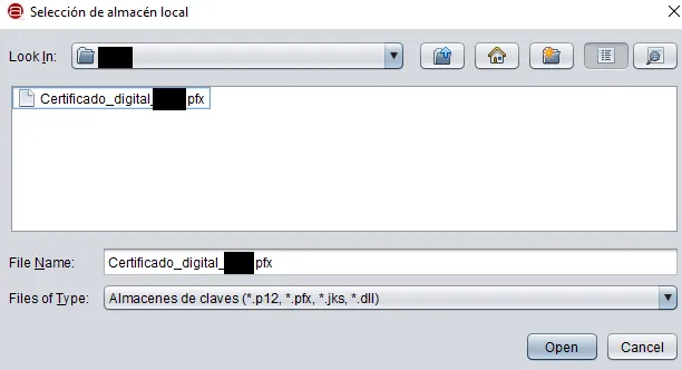 Ventana de Autofirma para buscar tu certificado digital, en donde se muestra un certificado digital con la extensión “.pfx”.