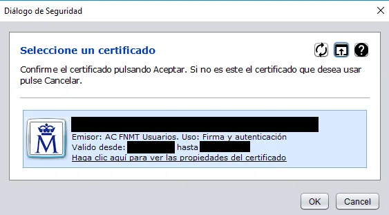 Botones “Ok” y “Cancel” de la ventana de Autofirma que te muestra los certificados digitales que estén instalados en Autofirma.