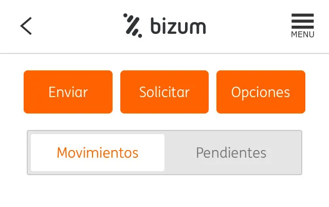 Botón “Enviar” del menú principal de Bizum en la app del banco ING.