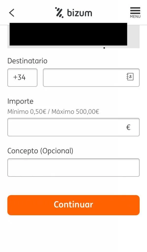 Formulario de Bizum para enviar dinero. Aquí, debes insertar el número de teléfono del destinatario, el importe a enviar, el motivo de la transferencia, y el botón “Continuar”.
