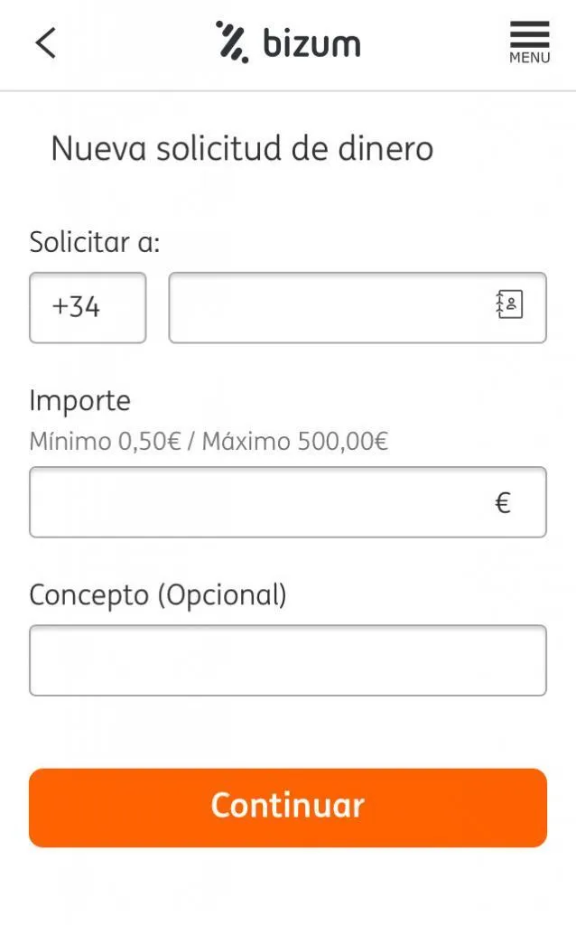 Ventana de Bizum para solicitarle dinero a otra persona.