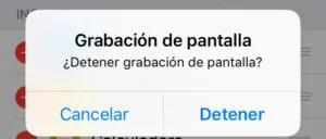 Modal que te pregunta si quieres dejar de grabar la pantalla de tu iPhone, el cual muestra la opción “Detener”.