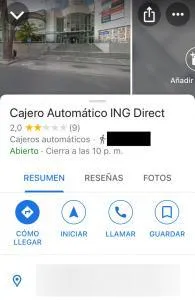 Opción “GUARDAR” de la pestaña con la información del cajero de ING que encontraste en Google Maps.
