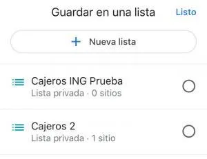 Botón “Nueva lista” del menú que se abre cuando tocas la opción “GUARDAR” del cajero que encontraste en Google Maps.