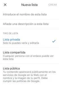 Casillas “Introduce el nombre de esta lista” y “Añade una descripción a esta lista” del menú de configuración para crear una nueva lista de Google Maps.