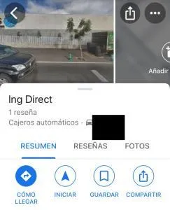 Opción “GUARDAR” de la pestaña con la información de otro cajero de ING en Google Maps.