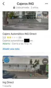 Lista guardada en Google Maps mostrando la ubicación de los cajeros de ING que insertamos en dicha lista.