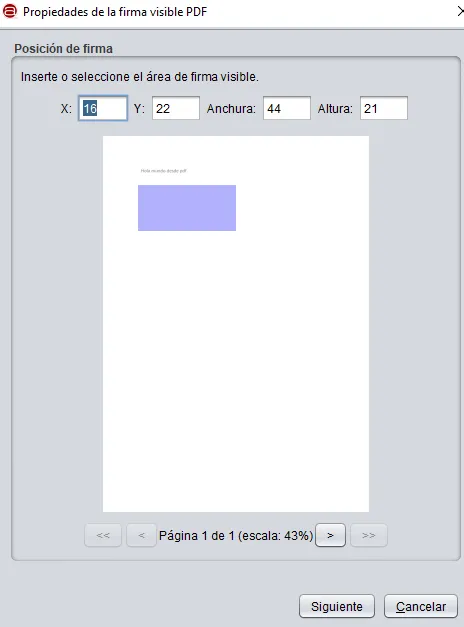 Ventana para dibujar el área de la página del PDF en donde quieres que aparezca tu firma, la cual muestra el botón “siguiente”.