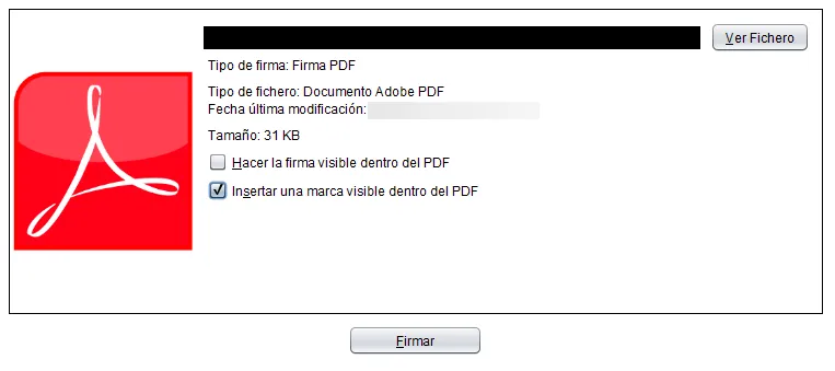 Ventana de Autofirma después de haberle insertado un PDF, en donde la casilla “Insertar una marca visible dentro del PDF” está marcada.