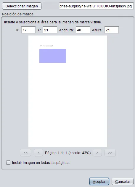 Ventana de Autofirma para dibujar el área de la página del PDF en donde quieras que aparezca la imagen que le quieras insertar.