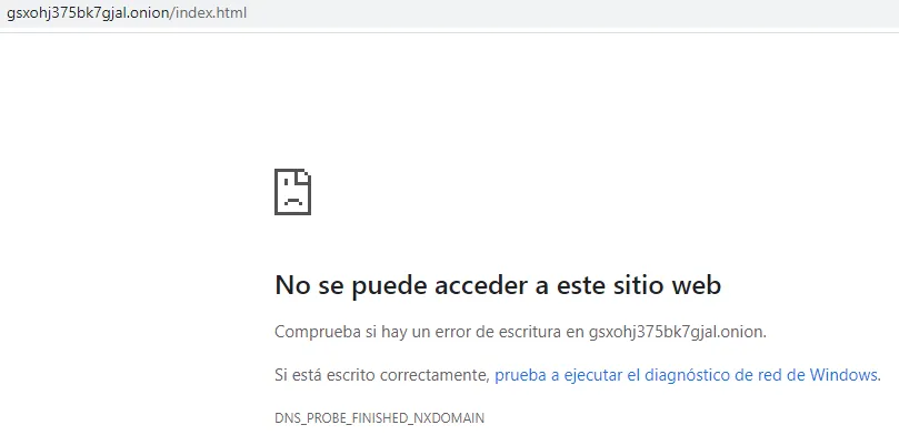Chrome mostrando un mensaje de error al intentar entrar al enlace .onion de la página web para donar dinero a The Tor Project.