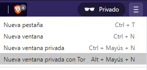 Menú de hamburguesa de Brave mostrando la opción “Nueva ventana privada con Tor”.