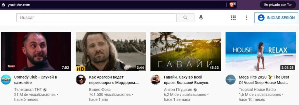 Página principal de YouTube, la cual fue accedida desde la ventana de Tor de Brave.