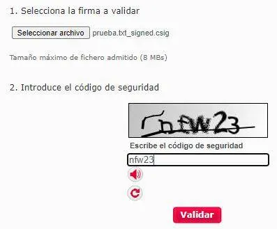 Página de VALIDe mostrando la casilla “código de seguridad” y el botón “Validar”.
