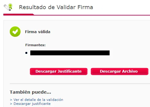 Página de VALIDe mostrándote el resultado de la validación de la firma del archivo .csig que fue subido a la página, y el enlace “Ver detalle de la validación”. En este caso, la firma del archivo es válida.