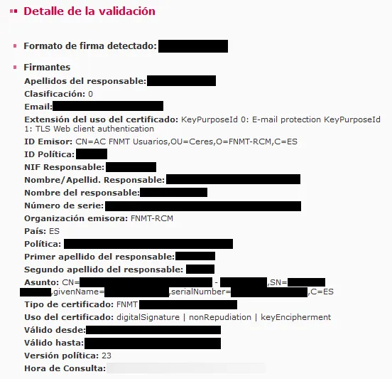 Información del certificado digital con el que fue realizada la firma en el archivo .csig que fue subido a la página de VALIDe.