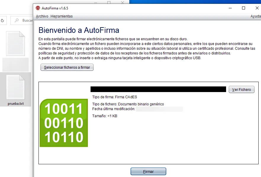Archivo “prueba.txt”, el cual fue arrastrado y soltado en la versión de ordenador de Autofirma.