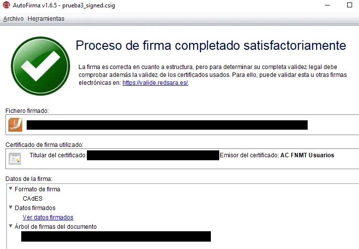 Ventana de Autofirma que confirma que tu fichero ha sido firmado digitalmente.