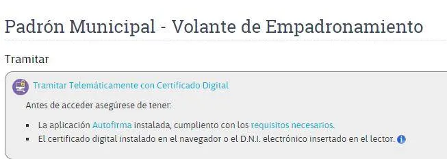 Enlace “Tramitar Telemáticamente con Certificado Digital” de la página para tramitar un volante de empadronamiento del ayuntamiento de Las Palmas de Gran Canaria.