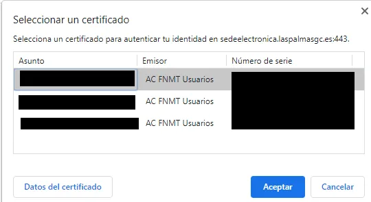 Versión web de Autofirma, el cual te está pidiendo tu certificado digital para poder entrar a la sede electrónica del ayuntamiento de Las Palmas de Gran Canaria.