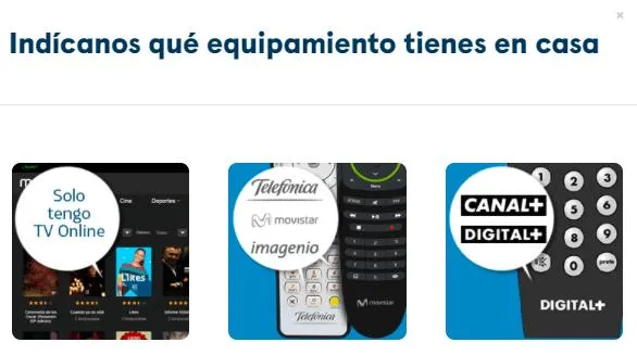 Ventana de la página web de Movistar+ para seleccionar tu tipo de equipamiento de tu plan de fusión de Movistar.