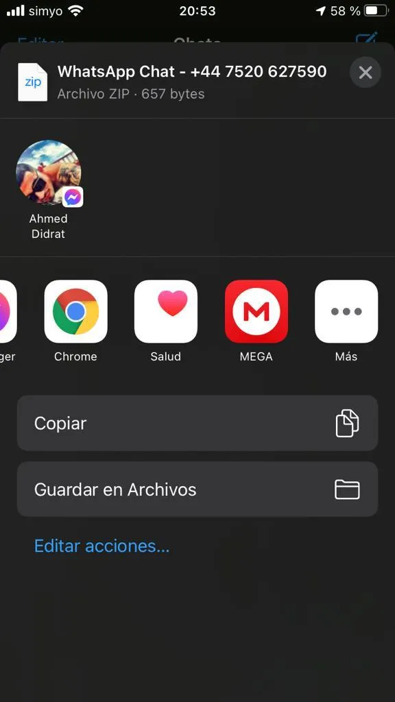Modal de WhatsApp para seleccionar a dónde quieres enviar tu chat, el cual muestra la app de Telegram como una de las opciones.