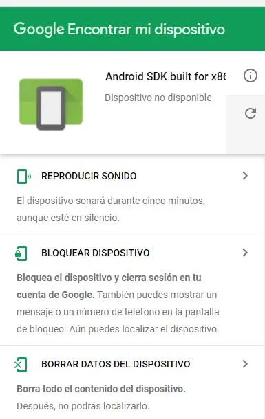 Opción “Bloquear dispositivo” de la página web del Android Device Manager.