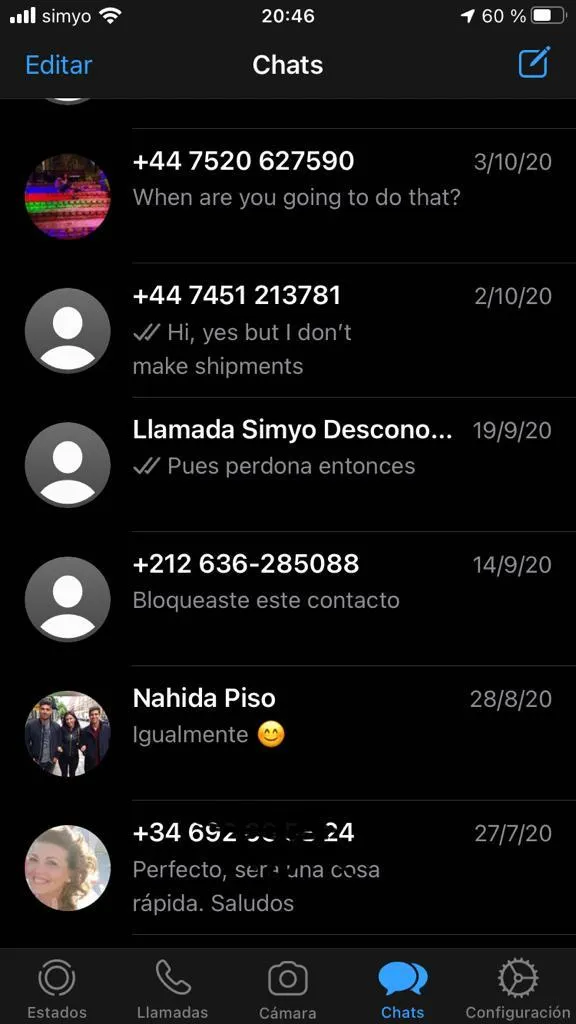 Lista de chats de un usuario de WhatsApp.