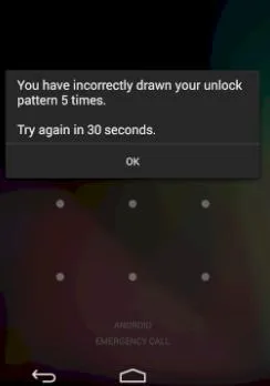 Mensaje de error que te aparece si insertas un patrón equivocado cinco veces al intentar desbloquear tu móvil con Android.