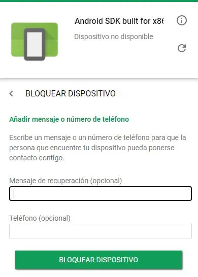 Botón “Bloquear dispositivo” y casillas para insertar un teléfono y un mensaje opcional en la página web del Android Device Manager.