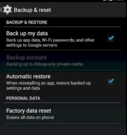 Casillas marcadas de las opciones “Back up my data” y “Automatic restore” del menú “Backup & reset”.