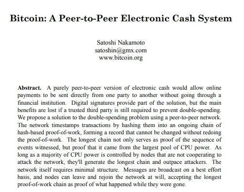 Portada del artículo académico del Bitcoin de Satoshi Nakamoto, el cual fue la primera aplicación práctica del blockchain. 