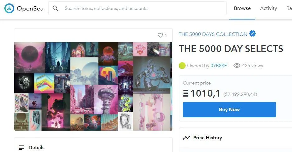 Página web de OpenSea mostrando la obra de arte digital “The 5000 Day Selects”, en donde se muestra que la obra tiene una NFT, y se puede verificar quién es el dueño de esa NFT. La NFT actúa como un título de propiedad.