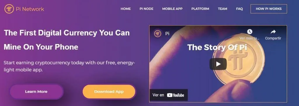 Página de inicio del sitio web de la criptomoneda de Pi.