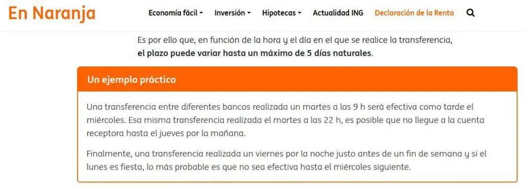 Página del sitio web del banco ING, en dónde explican que las transferencias bancarias se pueden tardar un día hábil, y que no se realizan transferencias los fines de semana.
