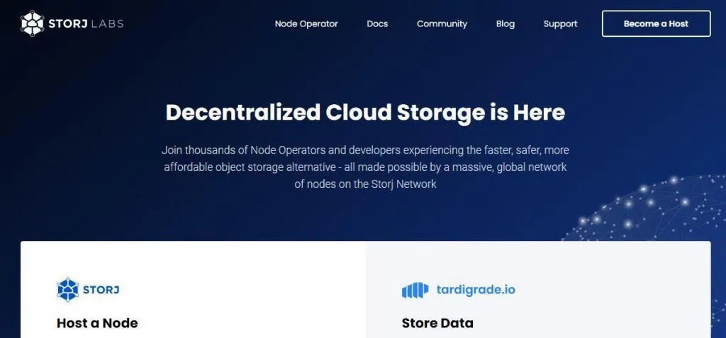 Página de inicio del sitio web de Storj.