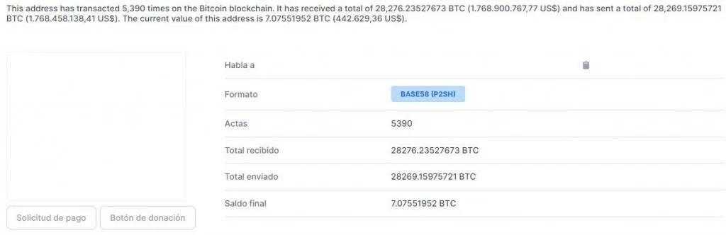 Monedero de bitcoin de un usuario, el cual se muestra su saldo, y todos los bitcoins que ha recibido y transferido. Esta información está disponible al público, y se puede ver en https://www.blockchain.com/es/explorer.