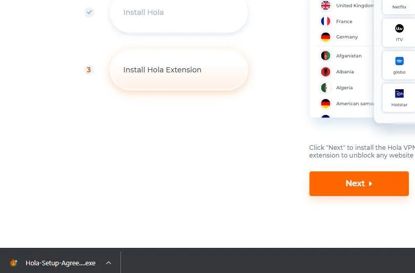 Página web de Hola mostrando el botón “Next”. Se observa que se ha descargado el instalador de la versión de escritorio de Hola.