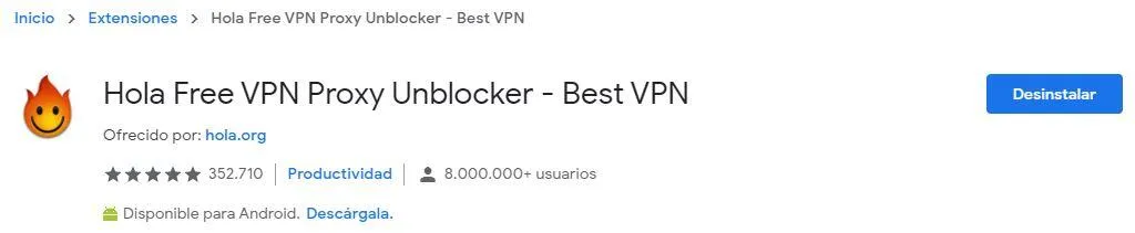Tienda de extensiones de Google Chrome, el cual muestra la extensión de la versión gratuita de Hola.